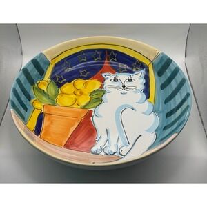 Vintage 1985 The Cellar Italy Hand Painted White Cat Ceramic Serving Bowl 13"